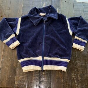 🍄4/5T 1970s knit crest baby boy navy blue velvet vintage and Cream Zip-Up Jacket